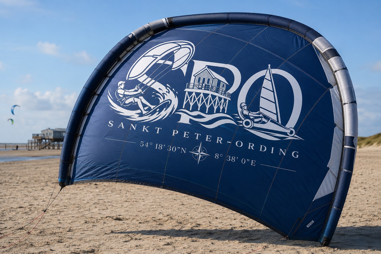 SPO-Logo mit Kitesurfer, Pfahlbau und Strandsegler auf einem blauen Kite am Strand